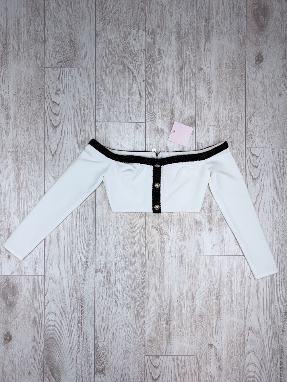 Amber x Meshki Size XS White Tweed Trim Bardot Crop Top